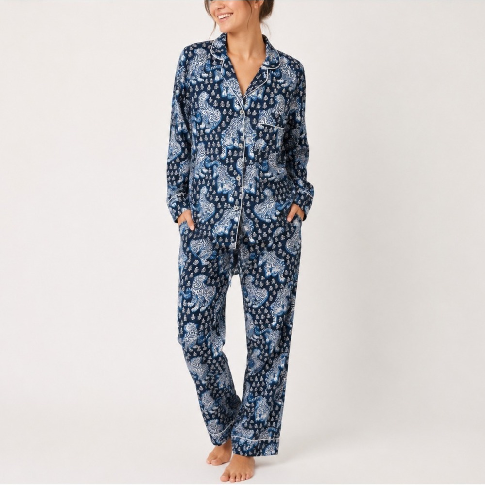 Printfresh Tiger Queen Pajama Set Women L Indigo Blue Cotton Button Sleep Lounge